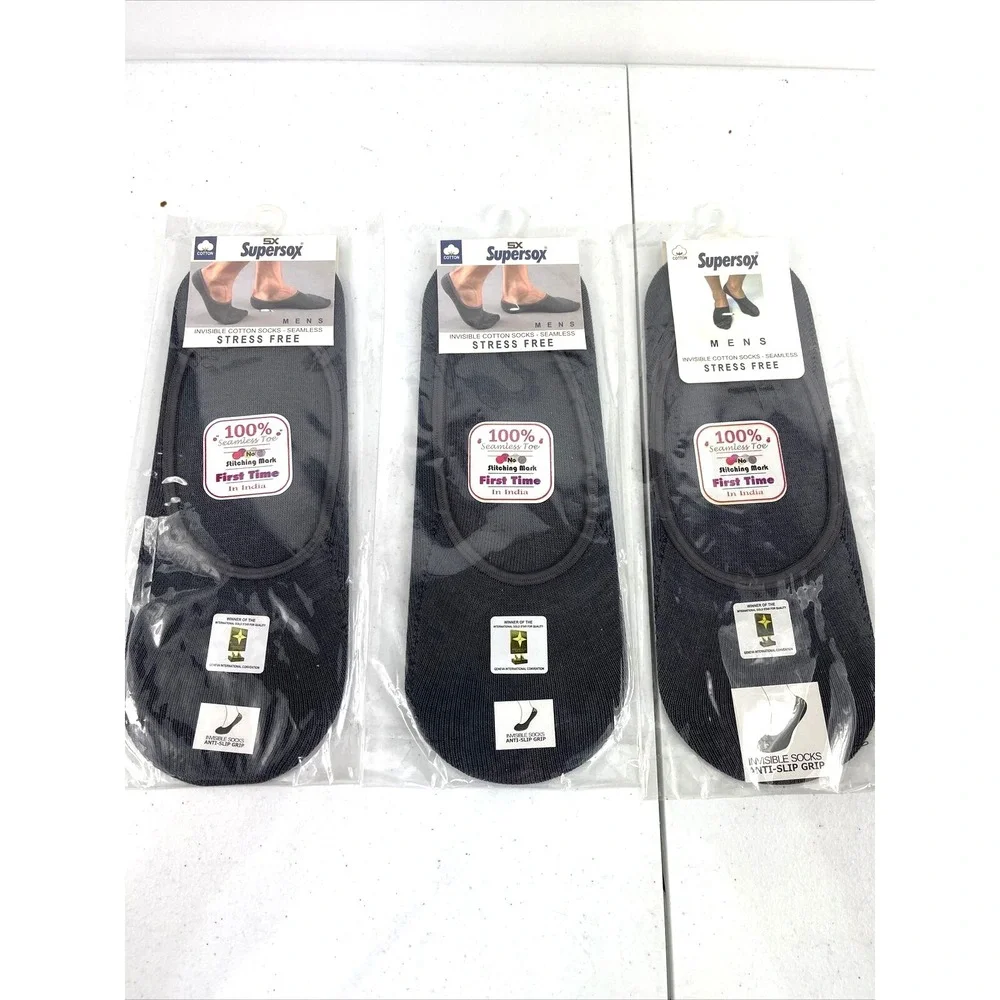 Supersox Lot Of 3‎ Mens Gray Medium Invisible Cotton Socks Seamless 8-10